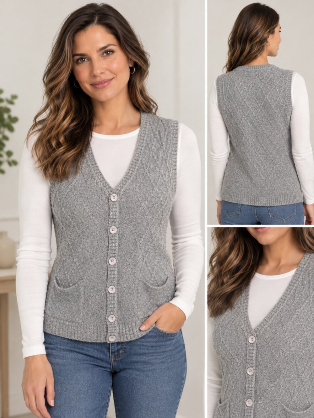 TINKUY Peru 100% Alpaca Wool V-Neck Button Front Cardigan Vest Cable Knit Gray
